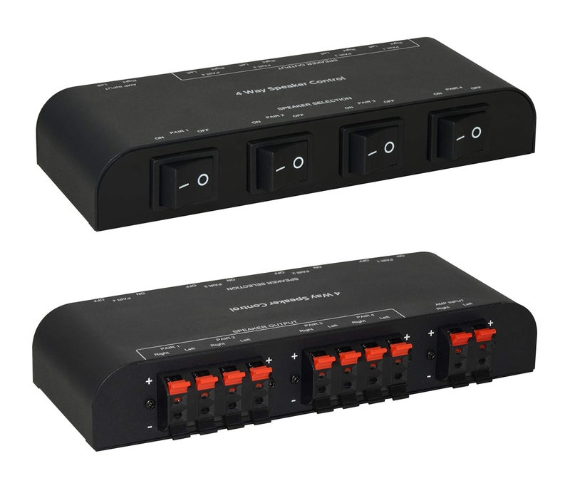 Xtrempro 61050 2 to 4 Way Speaker Switch, 1 in 2 Out to 1 in 4 Out Way Pair Stereo Speaker Selector W/Terminal Clamps Metal Non-Slip Box - Black (1 x 4 Way)
